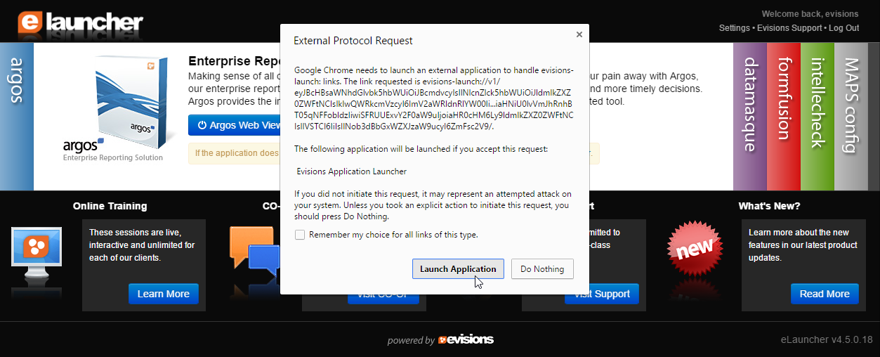 External Protocol Request asking if you wish to launch the Evisions Application Launcher or not.